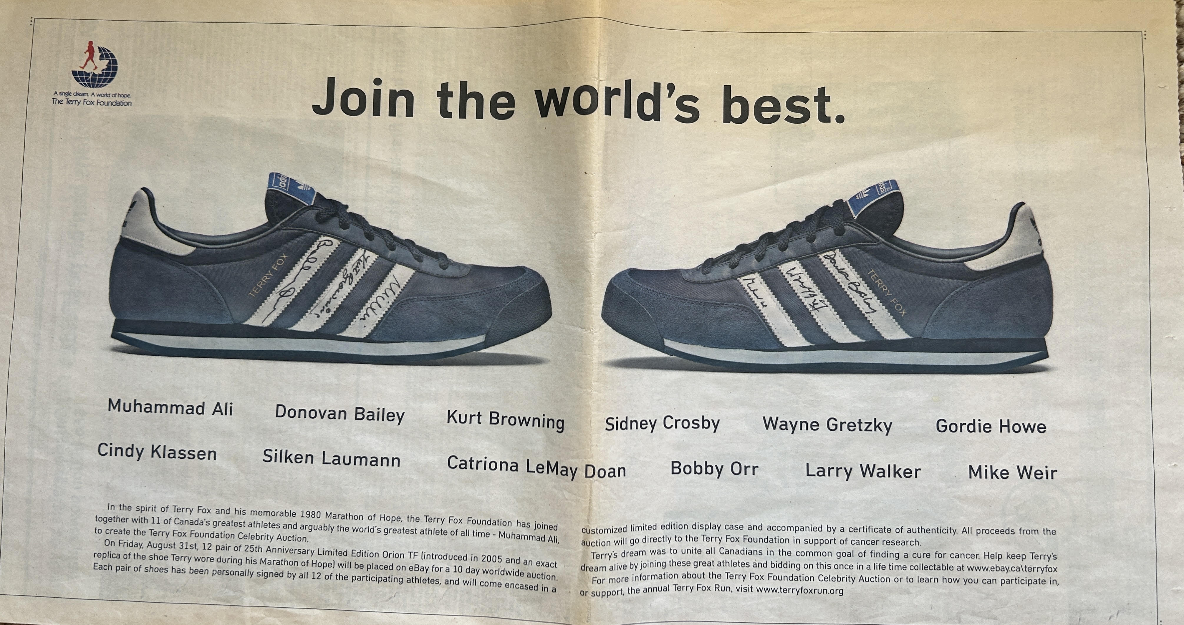 Terry Fox Foundation signed shoes ad